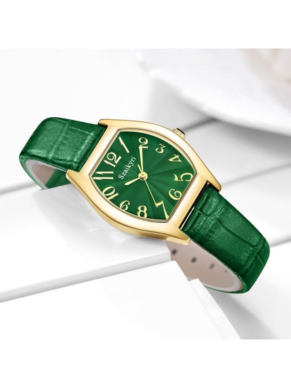 Women's Green-Gold Barrel-Shaped Easy Read Arabic Numerals Dress Wrist Watch - Picture 3 of 6